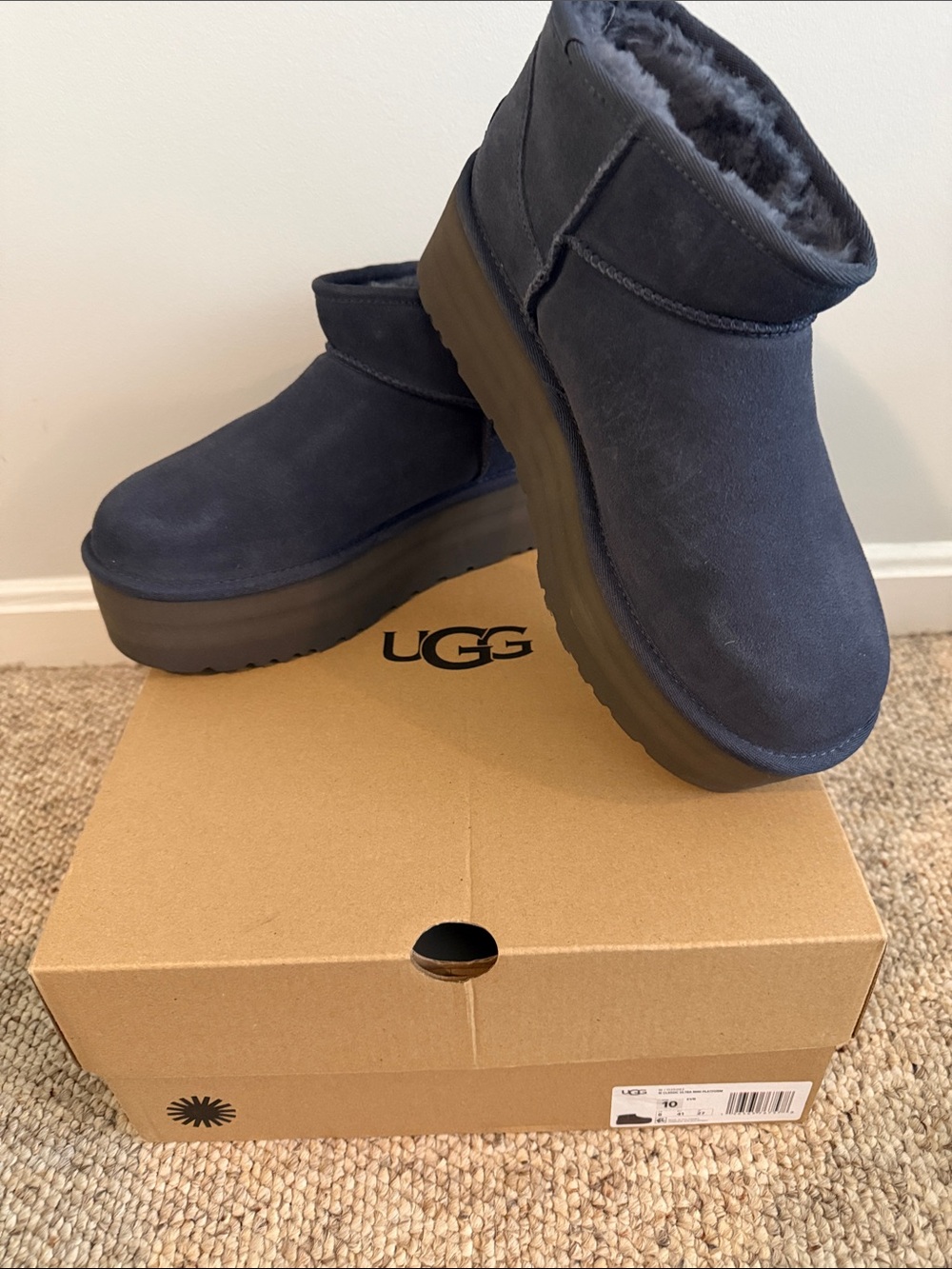 UGG Short Platform Sheepskin Boots in Navy Blue